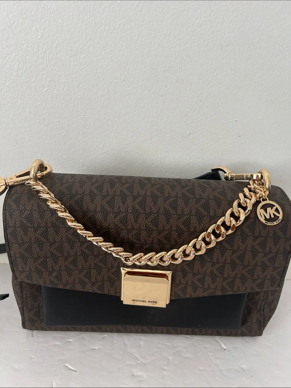 Michael Kors Lita Brown and Black Logo Crossbody with handle Gold Chain